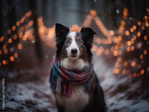 Cute Dog In Scarf Sits In Winter Forest With Garlands In Background