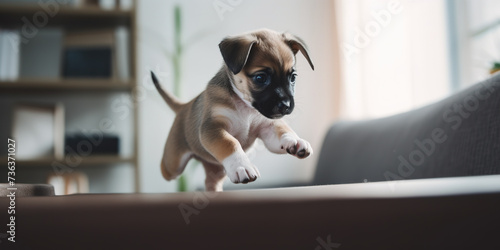 Puppy Jack Russell Terrier jumping on the couch at home