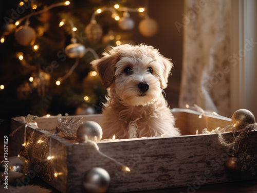 Puppy Sits In Box As New Year Gift Under Christmas Tree