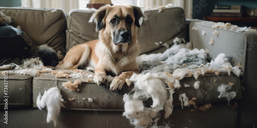 Anatolian Shepherd Dog sitting on a torn coach in living room, got caught doing mess