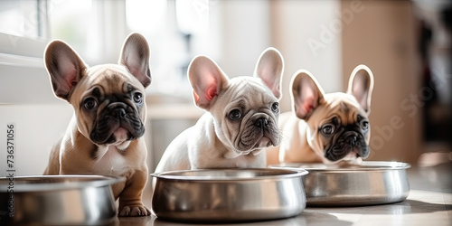 Three puppies sitting in front of their food bowls, close-up