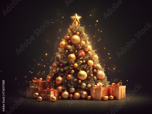 Magnificent Decorated Christmas Tree With Golden Balls And Gifts Shines Brightly On Black Background