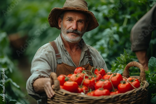 A sun-hatted man stands proudly with a basket of locally-grown, nutrient-rich tomatoes from his garden, embodying the essence of natural and wholesome living through the power of whole foods and a pl © familymedia