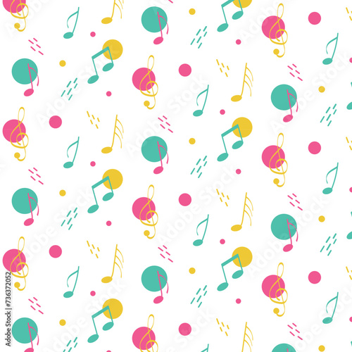 Vector pattern of music notes, yellow, green and pink notes