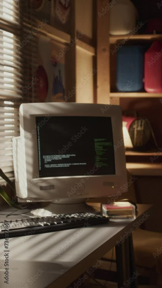 Vertical no people shot in lowkey of old computer monitor with program code on black background standing at desk in front of closed window blinds in vintage style room with dimmed light Vertical no people shot in lowkey of old computer monitor with program code on black background standing at desk in front of closed window blinds in vintage style room with dimmed light