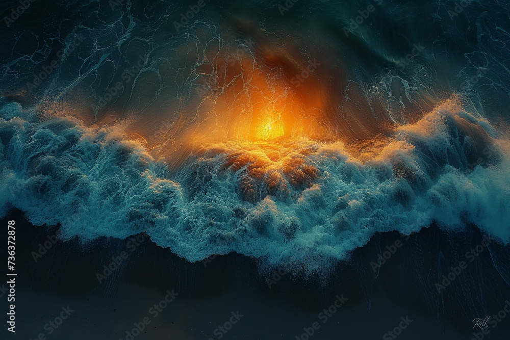 Amidst the turbulent waves, a blazing star erupts like a cosmic volcano, illuminating the vast expanse of the universe with its fiery brilliance - obrazy, fototapety, plakaty 