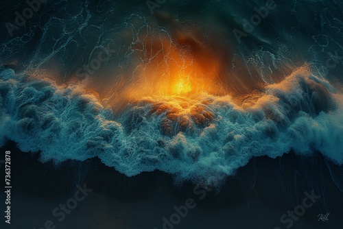 Amidst the turbulent waves, a blazing star erupts like a cosmic volcano, illuminating the vast expanse of the universe with its fiery brilliance photo