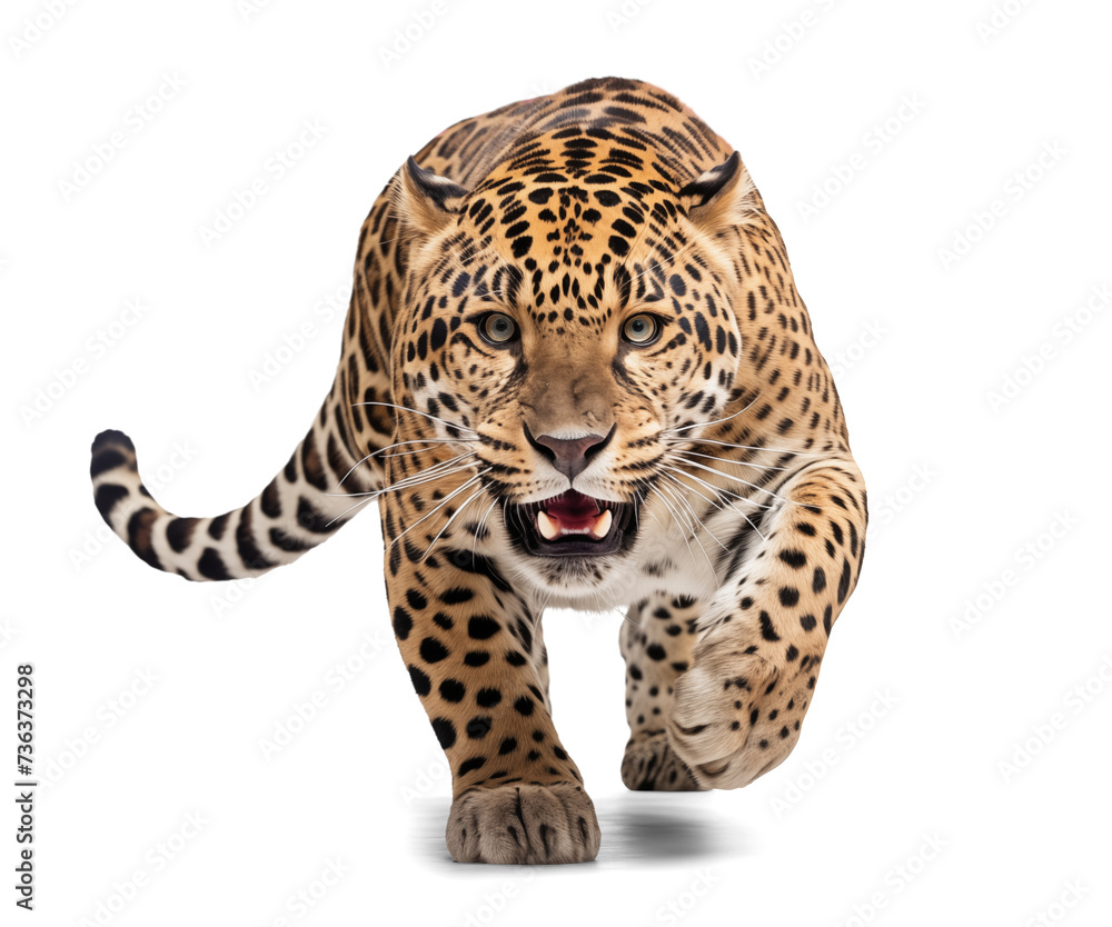 scary leopard in hunting mode, isolated on transparent background