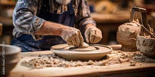 Man working in Potter's Wheel in Pottery Studio with a Potter Shaping Clay © imagemir