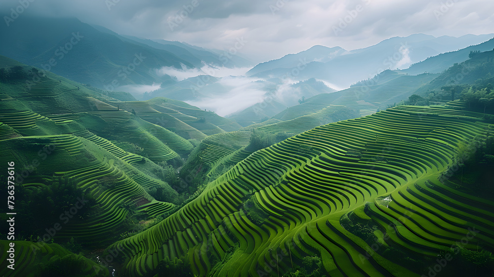 A breathtaking aerial view of vast terraced rice fields.