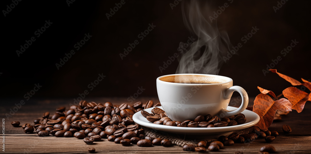 Kaffeetasse mit einem Kaffee und Verzierung durch Milchschaum, Schöne Tasse auf dem Tisch - obrazy, fototapety, plakaty 