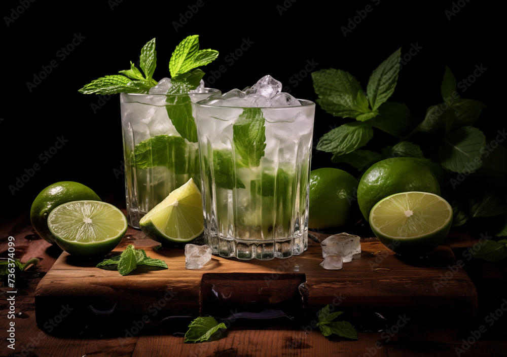 Gin Tonic angerichtet in einem edlen Glas, Limetten und Minze Stock ...