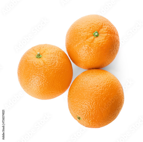 Delicious fresh ripe oranges on white background, top view