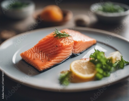 Fresh Salmon with Lemon and Herbs on a White Plate 