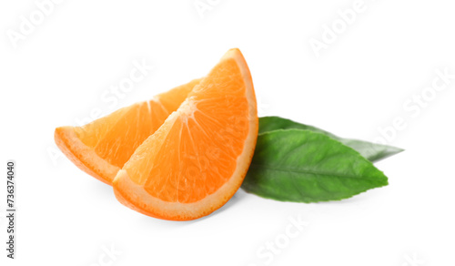 Fototapeta Naklejka Na Ścianę i Meble -  Slices of fresh ripe orange with green leaves on white background