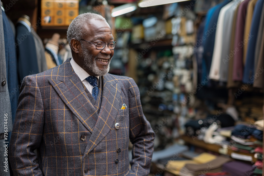 Tailor in his menswear store taking customers measurements for suit Tailor in his menswear store taking customers measurements for suit