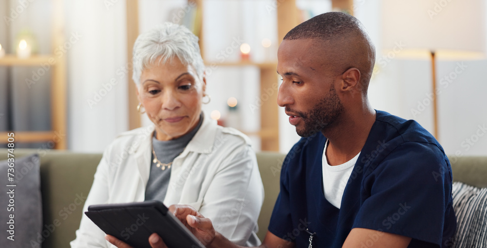 Elderly woman, man and tablet, nurse with patient for health and medical information or help with social media. Support, African caregiver for elderly care and tech, telehealth and how to work app Elderly woman, man and tablet, nurse with patient for health and medical information or help with social media. Support, African caregiver for elderly care and tech, telehealth and how to work app