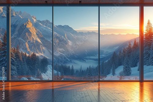 Nature's majestic beauty reflected in the serene winter landscape outside the expansive windows, framing a stunning view of snow-capped mountains, towering trees, and a peaceful lake at sunrise