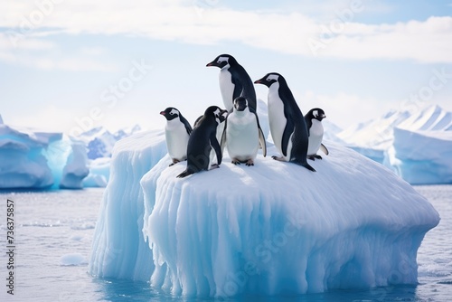 A group of penguins on an iceberg Gentoo penguins on iceberg  Antarctic Peninsula  Antarctica  chinstrap penguins  Pygoscelis antarctica  on an iceberg . Ai generated