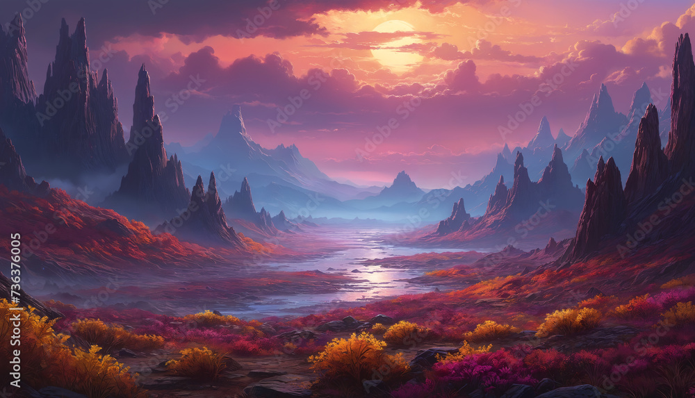 Captivating landscape: sunset painting the sky over the magnificent mountains, casting a glow on the winding river amidst wild nature