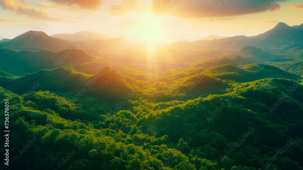 Fantasy stunning nature scence,beautiful mountain view in golden hour ,sunrise or sunset with golden light ,abstract background .