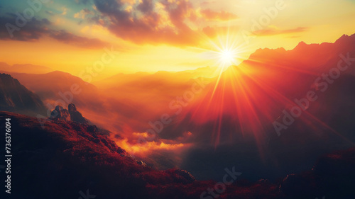 Fantasy stunning nature scence,beautiful mountain view in golden hour ,sunrise or sunset with golden light ,abstract background .