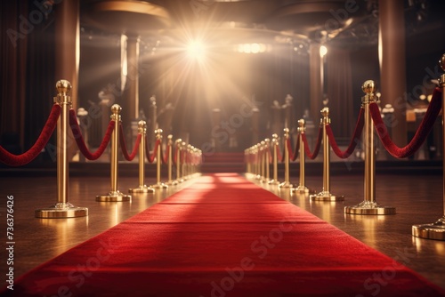 Red carpet rolling out in front of glamorous movie Presentation, Red carpet with golden stanchions on stage. 3d rendering, AI generated © Tanu