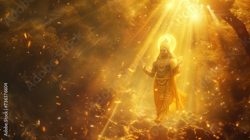 Witness a celestial scene as the divine figure of Lord Rama descends from the heavens, bathed in a radiant aura of golden light. photo