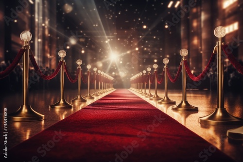 Red carpet rolling out in front of glamorous movie Presentation, Red carpet with golden stanchions on stage. 3d rendering, AI generated photo