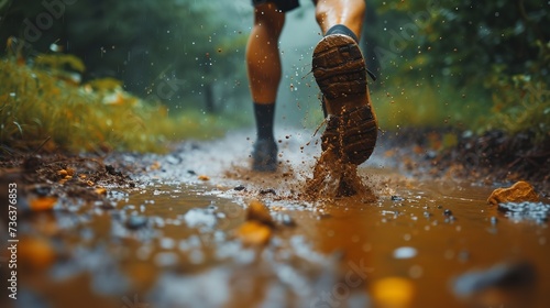 A view of a man's legs moving quickly in a sloppy, muddy route during a wet day and space, Generative AI.