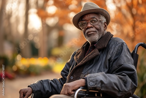 A wheelchair-using, aging, retired African American man enjoys being self-sufficient at a park and space, Generative AI.