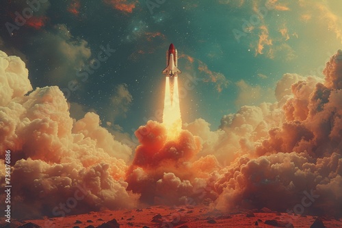 A powerful missile-shaped spacecraft blasts off from a distant planet, engulfed in smoke as it propels towards the unknown depths of outer space © familymedia