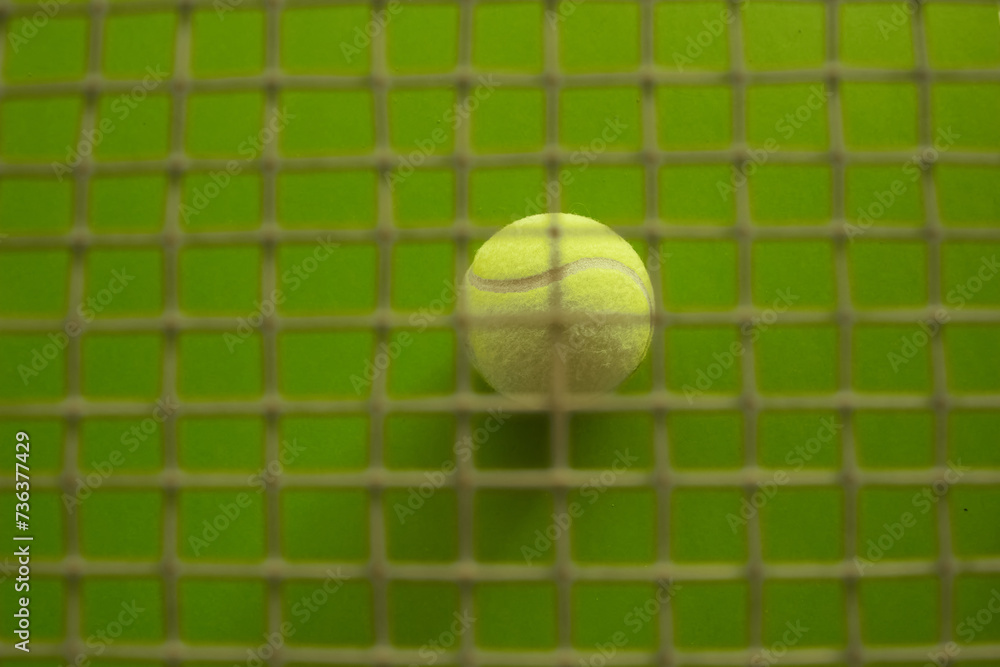 A tennis ball lies on a green background behind a net, the ball is visible through the tennis net, playing tennis, sports background.