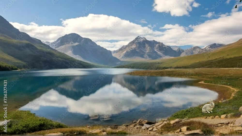 Mountain and lake views, birds flying and rabbits. Seamless looping time-lapse animation Video background Generated AI Mountain and lake views, birds flying and rabbits. Seamless looping time-lapse animation Video background Generated AI