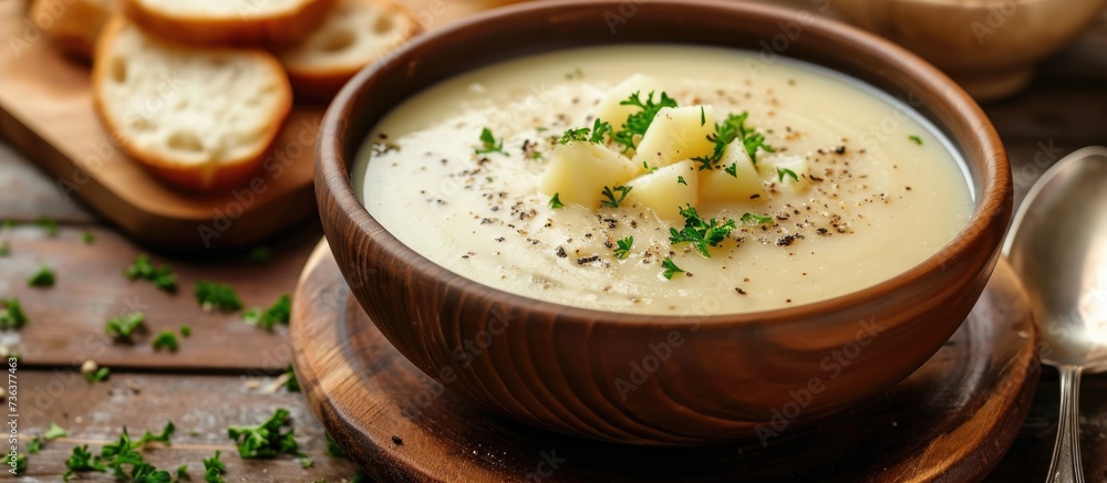 Creamy potato soup served on wooden plate. Creamy potato soup served on wooden plate.