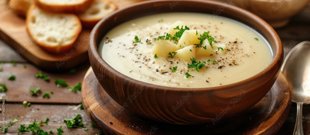 Creamy potato soup served on wooden plate.