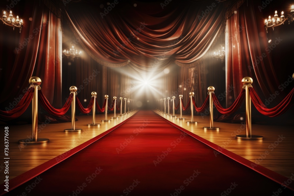 Red carpet rolling out in front of glamorous movie Presentation, Red carpet with golden stanchions on dark background. 3D Rendering,AI generated Red carpet rolling out in front of glamorous movie Presentation, Red carpet with golden stanchions on dark background. 3D Rendering,AI generated