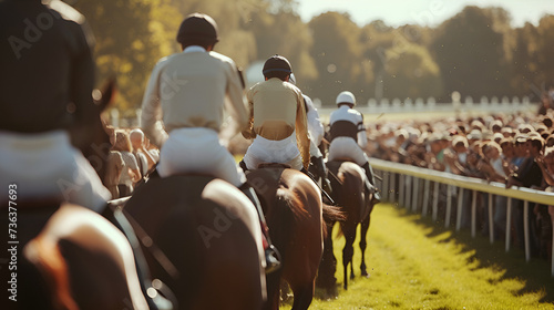 kentucky derby, horseshoes with straw on vintage wooden board, jockeys during horse races going towards finish line, Traditional European sport, Rennbahn, Race horses with jockeys, ai generated