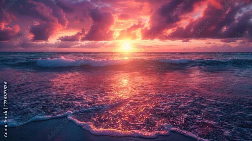 Seascape landscape of ocean with waves at sunrise . - obrazy, fototapety, plakaty 