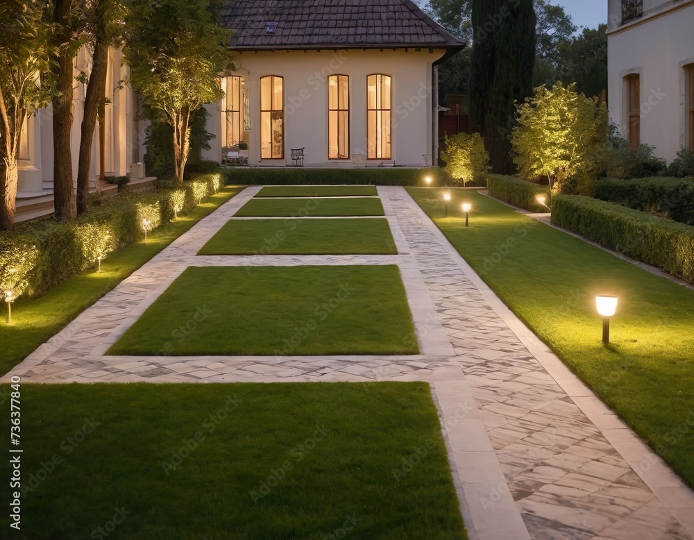 backyard of the mansion with a flowerbed and a lawn of green grass with a marble walkway of square tiles in the evening with a garden lighting with decorative ground lamps illuminating a warm light.