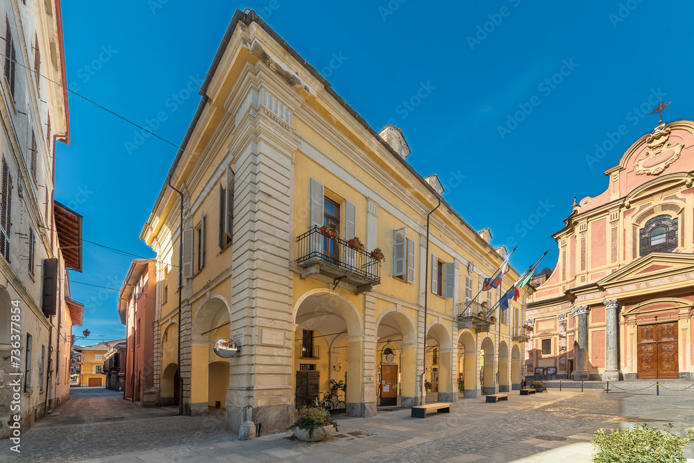Caraglio, Piedmont, Italy: the Town Hall building with arcades in Giolitti Square