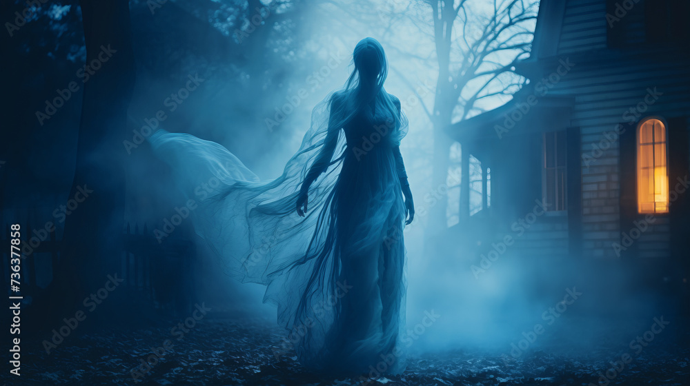 Mysterious female ghost silhouette veiled in translucent fabric emerges ...