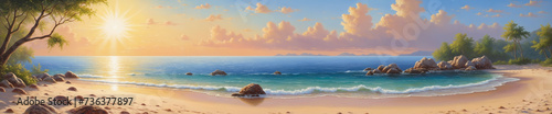 Tranquil ocean beach scenery with palm trees, rocks, and golden sunset on the horizon, creating a breathtaking panoramic landscape