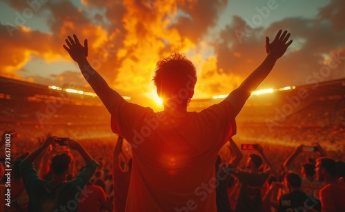 As the sun sets behind a sea of cheering fans, a man stands with outstretched arms, basking in the heat of the moment as he becomes one with the cloud of energy and excitement at the outdoor concert