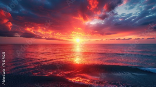 Seascape landscape of ocean with waves at sunrise . © Barosanu