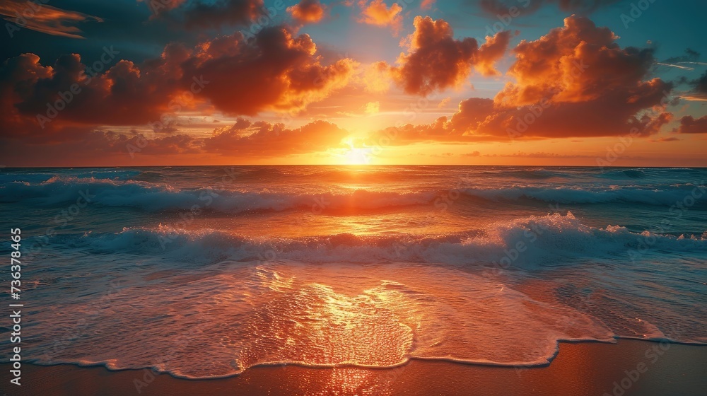 Seascape landscape of ocean with waves at sunrise . - obrazy, fototapety, plakaty 