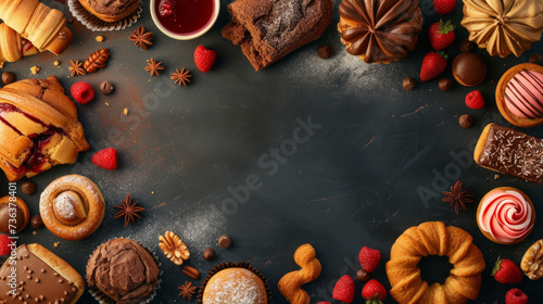 Frame of bread products. bread and buns on black chalkboard background. Still life captured from above (top view, flat lay). Bakery - various kinds of breadstuff. Black background, free copy space.  photo