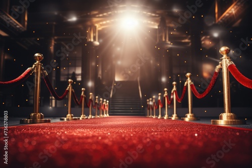 Red carpet rolling out in front of glamorous movie Presentation, Red carpet with red carpet in luxury hotel. 3D Rendering, AI generated
