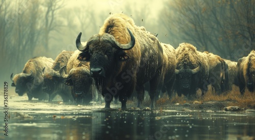 A majestic herd of bison stand stoically in the tranquil waters, their powerful presence and wild beauty perfectly in harmony with the surrounding nature