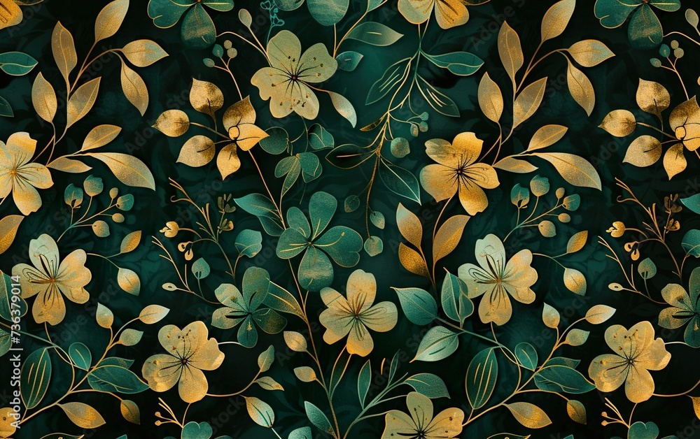 Green and gold floral patterns in paper style on a black background Green and gold floral patterns in paper style on a black background